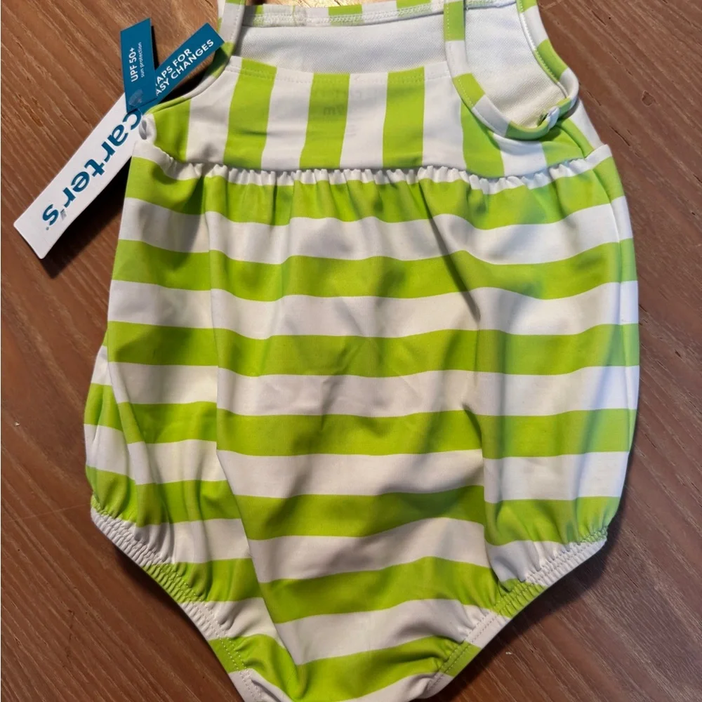 NWT NEW Carter's Green White Striped Swimsuit SZ 12 Mons UPF 50
